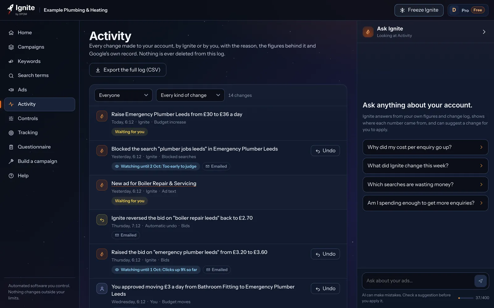 The Activity screen: a log of every change with who made it, whether it was emailed, what Ignite is watching, and an Undo button.