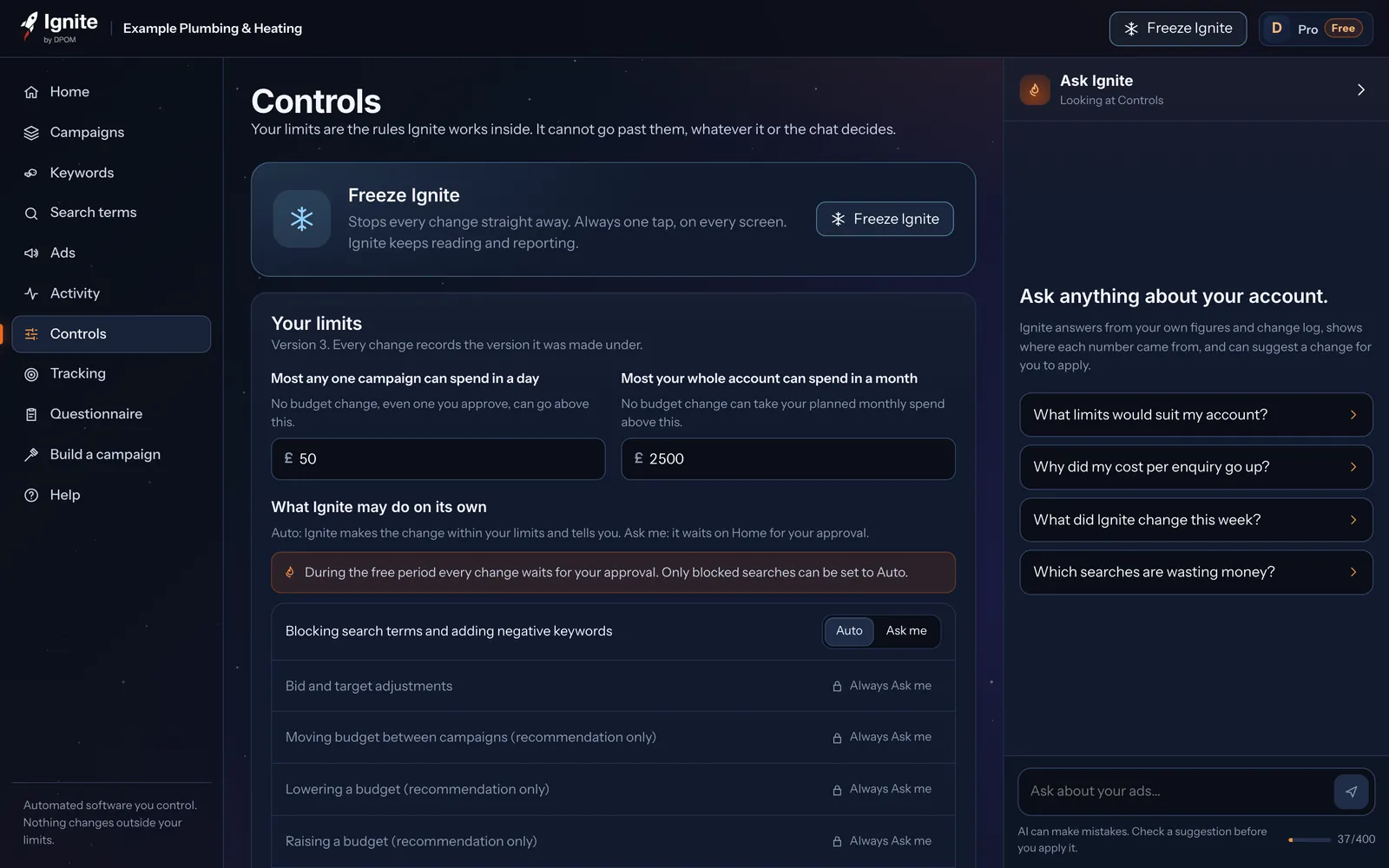 The Controls screen: Freeze Ignite, a daily ceiling per campaign, a monthly maximum, and an Auto or Ask me switch for each kind of change.