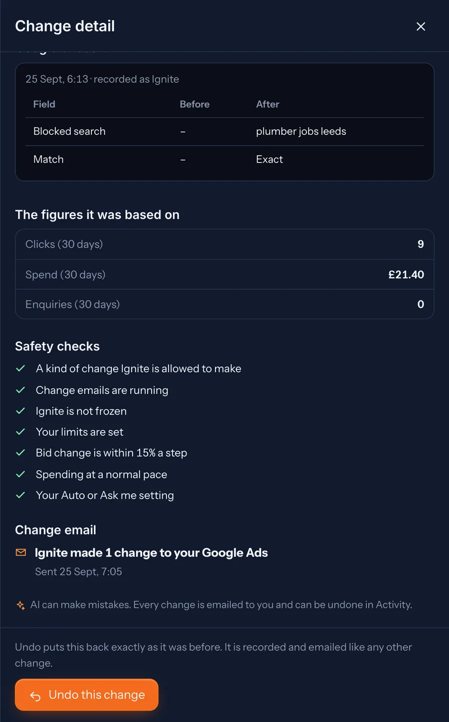 The same change further down: the figures it was based on, the safety checks it passed, the change email that was sent, and an Undo this change button.