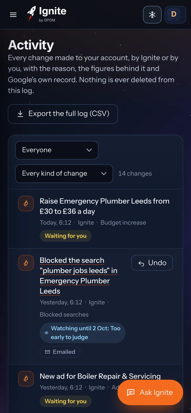 Ignite Activity on a phone: a budget recommendation waiting for approval and a blocked search with Undo.