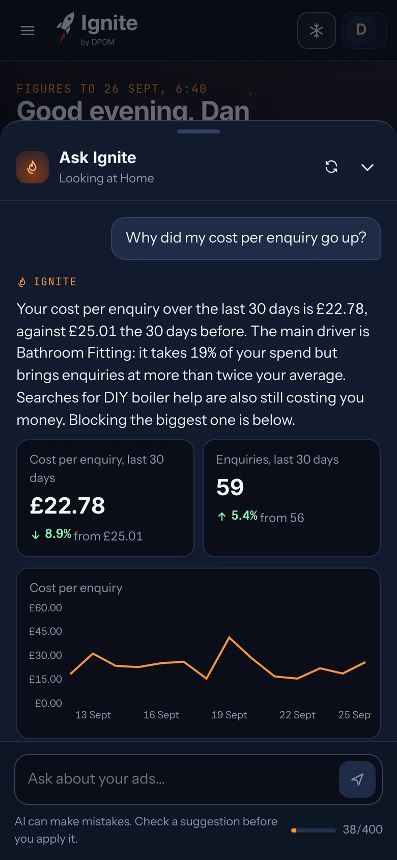 Ask Ignite on a phone, answering why cost per enquiry changed.