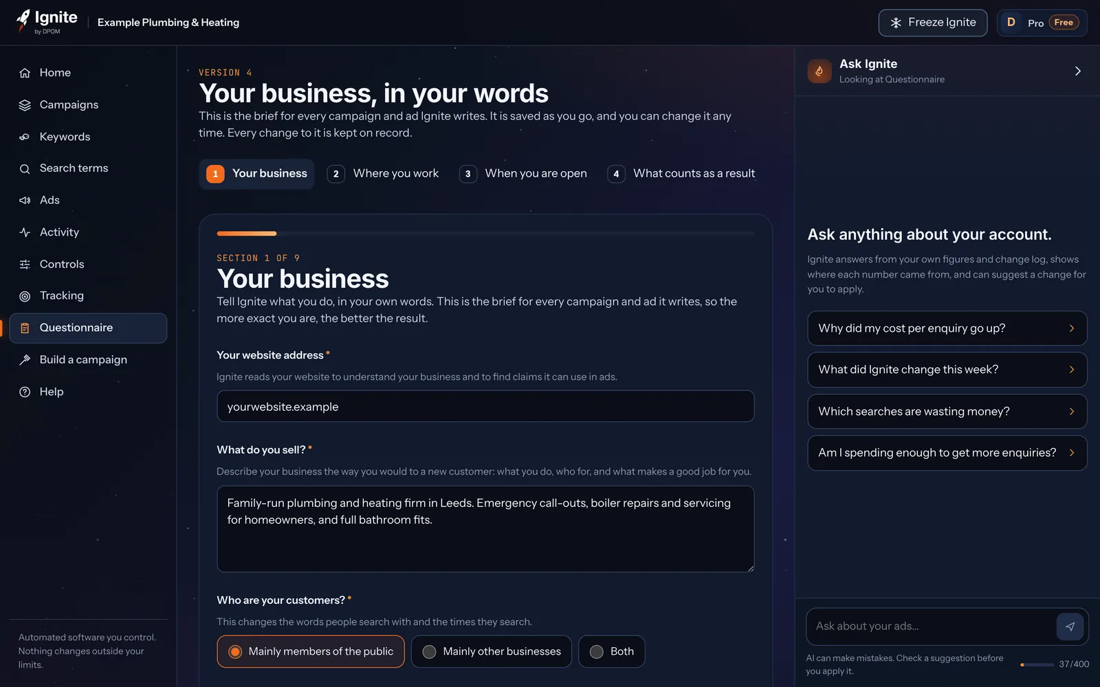 The questionnaire: your website, what you sell and who your customers are, in your own words.